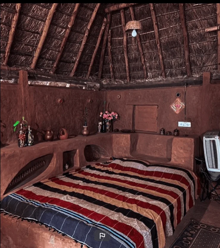 AuraKalari : A cozy mudhouse room with rustic, earthen walls and a thatched roof. A bed, covered in a colorful striped blanket, occupies the center. Shelves built into the wall hold pottery and plants. A small table with flowers, a cushioned chair, a patterned rug, and an air cooler create the perfect vacation retreat.