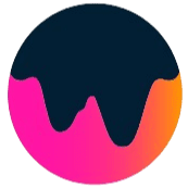 AuraKalari : A circular logo featuring a dark blue dripping paint or liquid effect at the top, seamlessly blending into a gradient of bright pink and orange hues at the bottom. The design is abstract and visually striking, with the dark blue appearing to pour into the vibrant colors, perfect for an eco-friendly vacation.